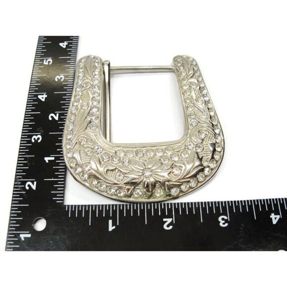 Classic Belt Buckle Vintage Rhinestone Silver Tone Western Scroll Cowgirl Bling - Picture 5 of 6